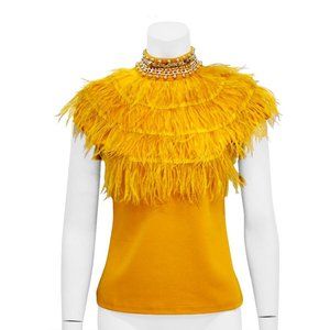 Gracia Vegan feather and brocade collar with cap